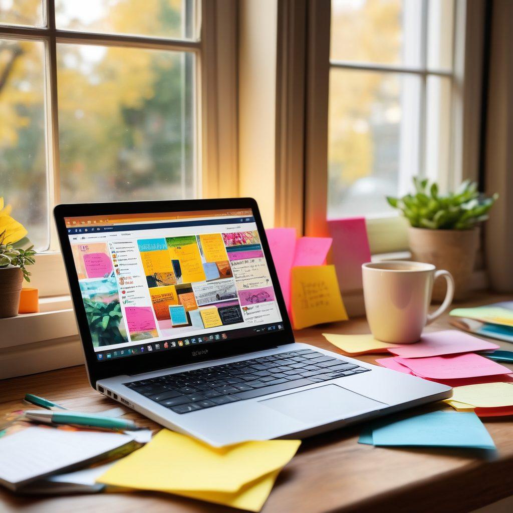 A vibrant open laptop displaying a blog page filled with colorful, engaging articles. Surrounding the laptop are bright sticky notes with creative ideas, a steaming coffee cup, and a notebook filled with sketches. In the background, sunlight streams through a window, illuminating a cozy writing space. This scene embodies inspiration and creativity, perfect for aspiring bloggers. super-realistic. vibrant colors. cozy atmosphere.