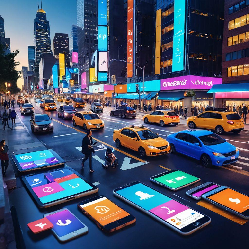 A vibrant cityscape featuring diverse commuters interacting with digital devices, creatively capturing their daily experiences. Incorporate elements like animated social media icons, camera flashes, and content creation tools like notebooks and smartphones. The setting should be lively and colorful, with dynamic movement to convey energy and engagement. super-realistic. vibrant colors. 3D.