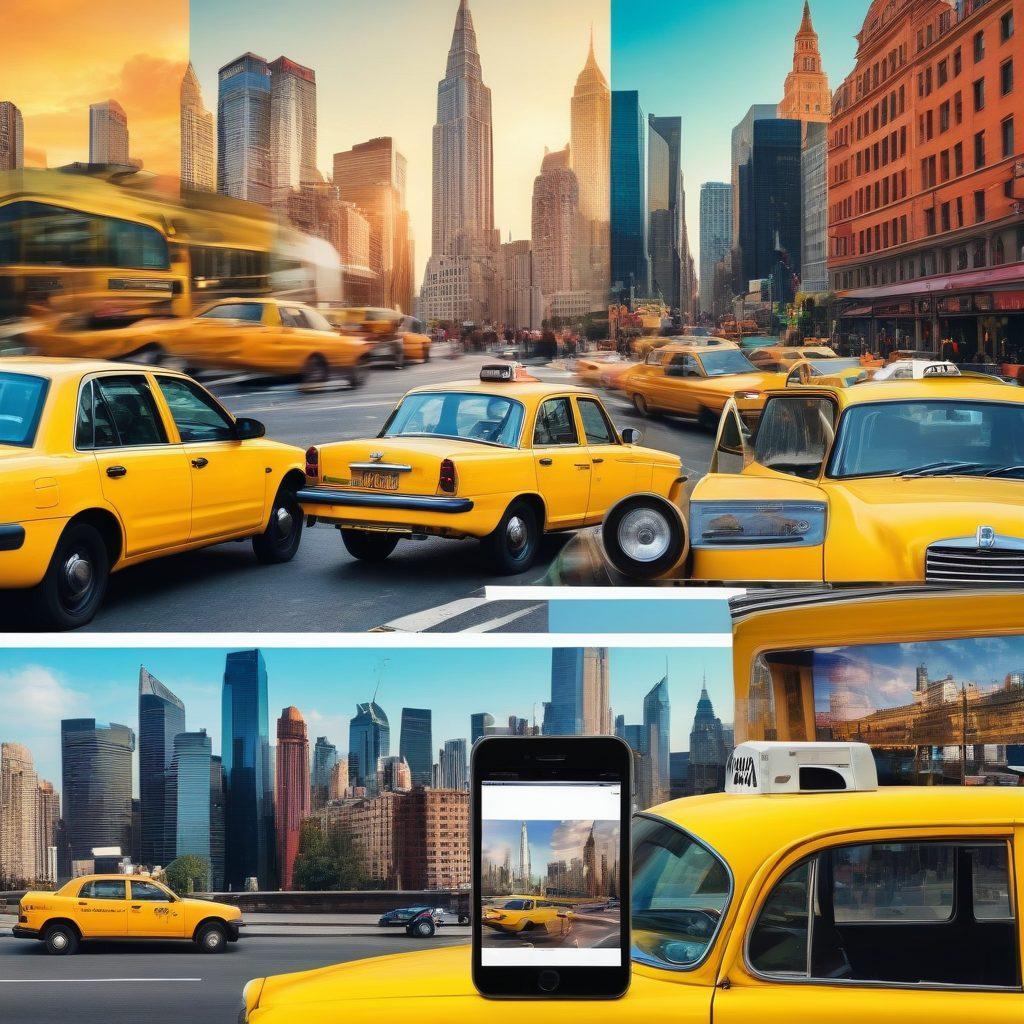 A vibrant collage of travel experiences featuring a yellow taxi in the foreground, with a bustling city skyline and iconic landmarks in the background. Include elements like a smartphone showing a blog interface, travel journals, and scenic views from the taxi window, all representing diverse cultures. The atmosphere should feel lively and adventurous, capturing the essence of travel tales. super-realistic. vibrant colors. dynamic composition.